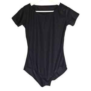 New Sleek Black Bodysuit Short Sleeve Top, XL
